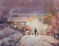 Lot 71 - Robert Littleford, Snowy lane with figure, watercolour