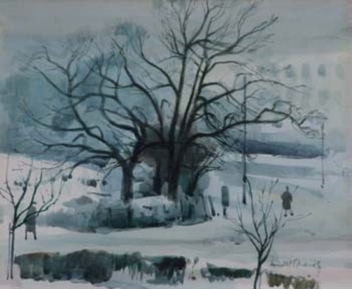 Lot 76 - Donald H. Edwards, Winter scene with figures walking in a park, watercolour