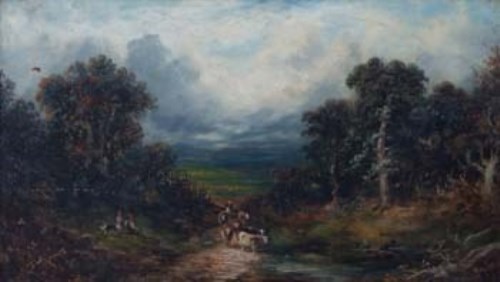 Lot 104 - English School, 19th Century, Rural scene with figures, oil