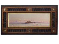 Lot 119 - Henry S. Lynton, Egyptian scene, watercolour within a Moresque bobbin turned frame