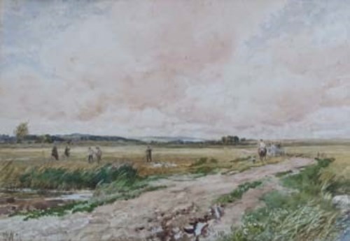 Lot 123 - E.M. Wimperis, Gleaners across the marsh, watercolour