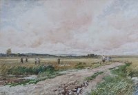 Lot 123 - E.M. Wimperis, Gleaners across the marsh, watercolour