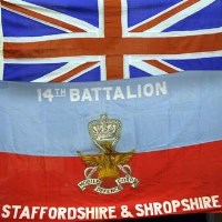 Lot 302 - Staffs and Shropshire 14th battalion flag, union jack and hat.