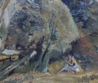 Lot 3 - R.O. Dunlop, Woodland scene with children, oil