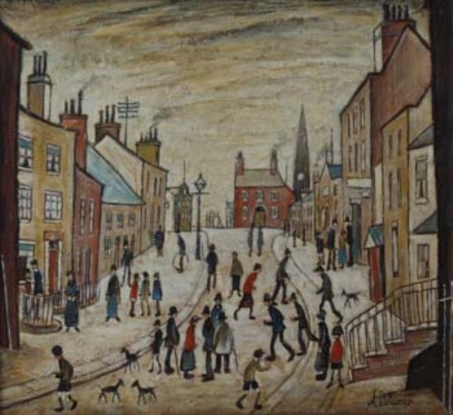 Lot 9 - Arthur Delaney, Street scene with figures, oil