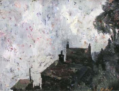 Lot 48 - F.J. England, Cottages and Shed by Mow Cop, Staffordshire, oil