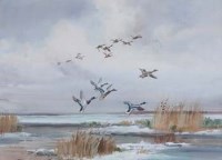 Lot 87 - Roland Green, Mallards over the marshes, watercolour