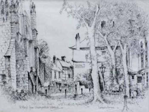 Lot 92 - J. Haydn Jones, St. Mary's from Churchyardside, Nantwich, ink