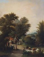 Lot 132 - E.R. Barnes, Rural scene with figures and cattle, oil