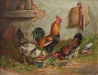 Lot 148 - E.S. England, A cockerel and hens before a barn, oil
