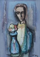 Lot 4 - Tadeusz Was, Figure with vase of flowers, mixed media