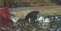 Lot 14 - Andrew Macara, Feeding the Swans, Markeaton Park, Derby, oil