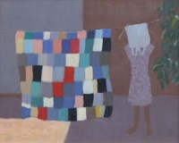 Lot 17 - Andrew Macara, Girl hanging washing, oil