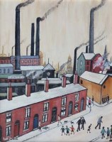 Lot 21 - Bob Jones, Industrial scene with figures, oil