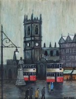 Lot 22 - Bob Jones, Manchester street scene with trams, oil