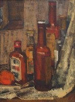 Lot 48 - Maurice Man, Still life with bottles and an orange, oil