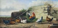 Lot 54 - R. Horton, Farmyard scene with chickens, oil