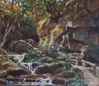 Lot 61 - Rowland H. Hill, River scene with bridge and bench, oil