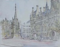 Lot 119 - Ken Mosley, Albert Square, Manchester, watercolour and ink