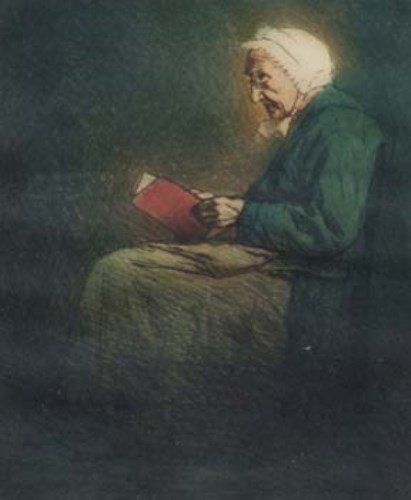 Lot 239 - Mortimer Menpes, Old Lady Reading, coloured etching