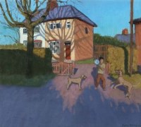 Lot 32 - Andrew Macara, Boy playing in the street, oil