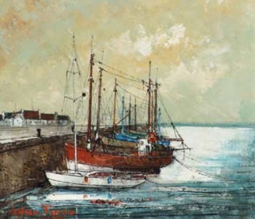 Lot 77 - Julien Porisse, Fishing boats at the quayside, oil