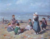 Lot 96 - Dupres, Figures on the beach, oil