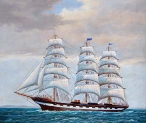 Lot 97 - T. Lawson, Three masted ship in full sail, oil