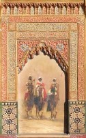Lot 184 - P.Schreiber, Three Arabian horsemen entering city gate, oil and gesso