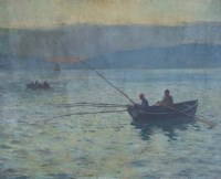 Lot 187 - Allan Sutherland, Fishing boats at sunset, oil on canvas