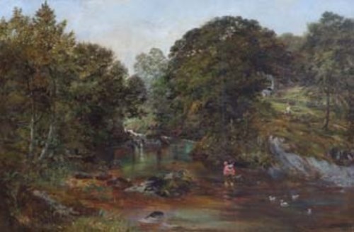 Lot 189 - Frederick William Hulme, Wooded landscape with children crossing a stream, oil