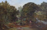 Lot 189 - Frederick William Hulme, Wooded landscape with children crossing a stream, oil