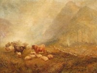 Lot 191 - J. Langstaffe, Cattle and sheep in highland landscape, oil (2)