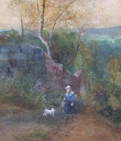 Lot 219 - Mary Ellen Best, Figure and dog on a rural lane, watercolour