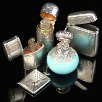Lot 233 - Silver vestas case, scent flask, flask, blue