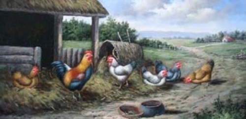 Lot 29 - R. Horton, Farmyard scene with chickens, oil