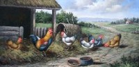 Lot 29 - R. Horton, Farmyard scene with chickens, oil