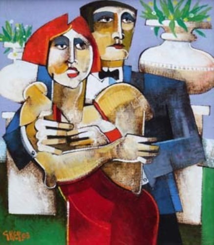 Lot 67 - Geoffrey Key, Lovers with Urns, oil