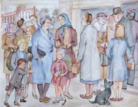 Lot 147 - Patience Arnold, Street scene with figures, watercolour