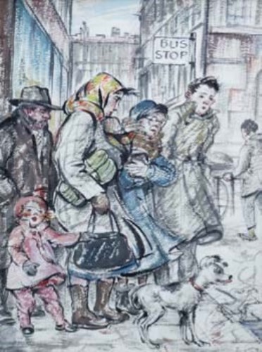 Lot 148 - Patience Arnold, At the bus stop, watercolour