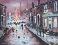 Lot 165 - Bernard McMullen, Street scene with travelling fairground, pastel