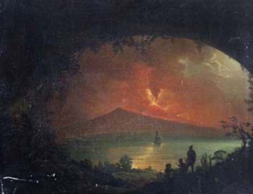 Lot 197 - Neopolitan School, 19th century, Moonlit view over The Bay of Naples, with Vesuvius erupting, oil