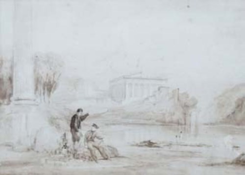 Lot 235 - David Cox, figures seated before ruins, pencil and sepia wash
