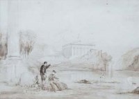 Lot 235 - David Cox, figures seated before ruins, pencil and sepia wash