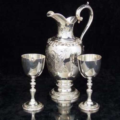 Lot 288 - Silver Royal silver wedding claret jug and two goblets