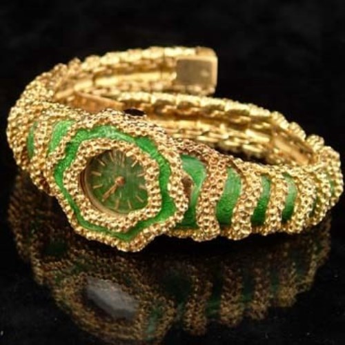 Lot 437 - Green enamel and gold wrist watch