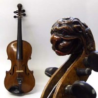 Lot 478 - Lion Head Scroll Violin + Bows + Case