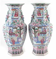 Lot 58 - Pair of Cantonese hexagonal vases