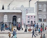Lot 38 - Bob Jones, Street scene with figures, oil