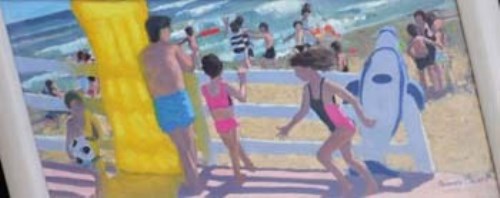 Lot 39 - Andrew Macara, Beach scene with children playing, oil